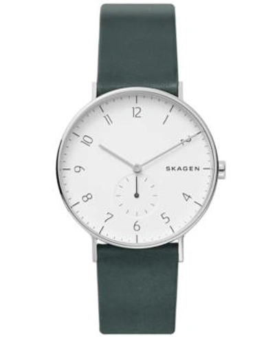 Shop Skagen Men's Aaren Green Leather Strap Watch 40mm In Silver