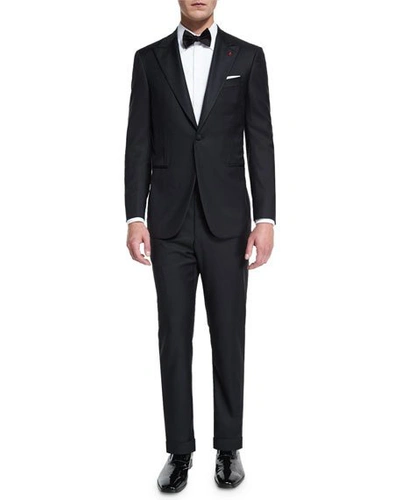 Isaia Satin Peak-lapel One-button Wool Tuxedo, Black In Black