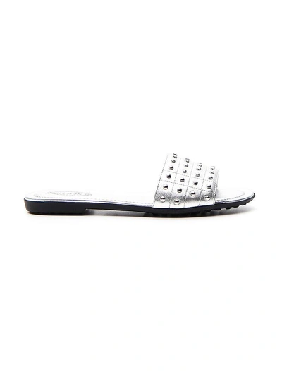 Shop Tod's Studded Slides In Silver