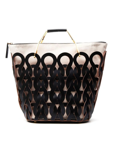 Shop Marni Woven Brass Handle Tote Bag In Black