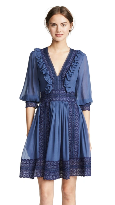 Shop Costarellos Ruffle V Neck Dress In Insignia Blue