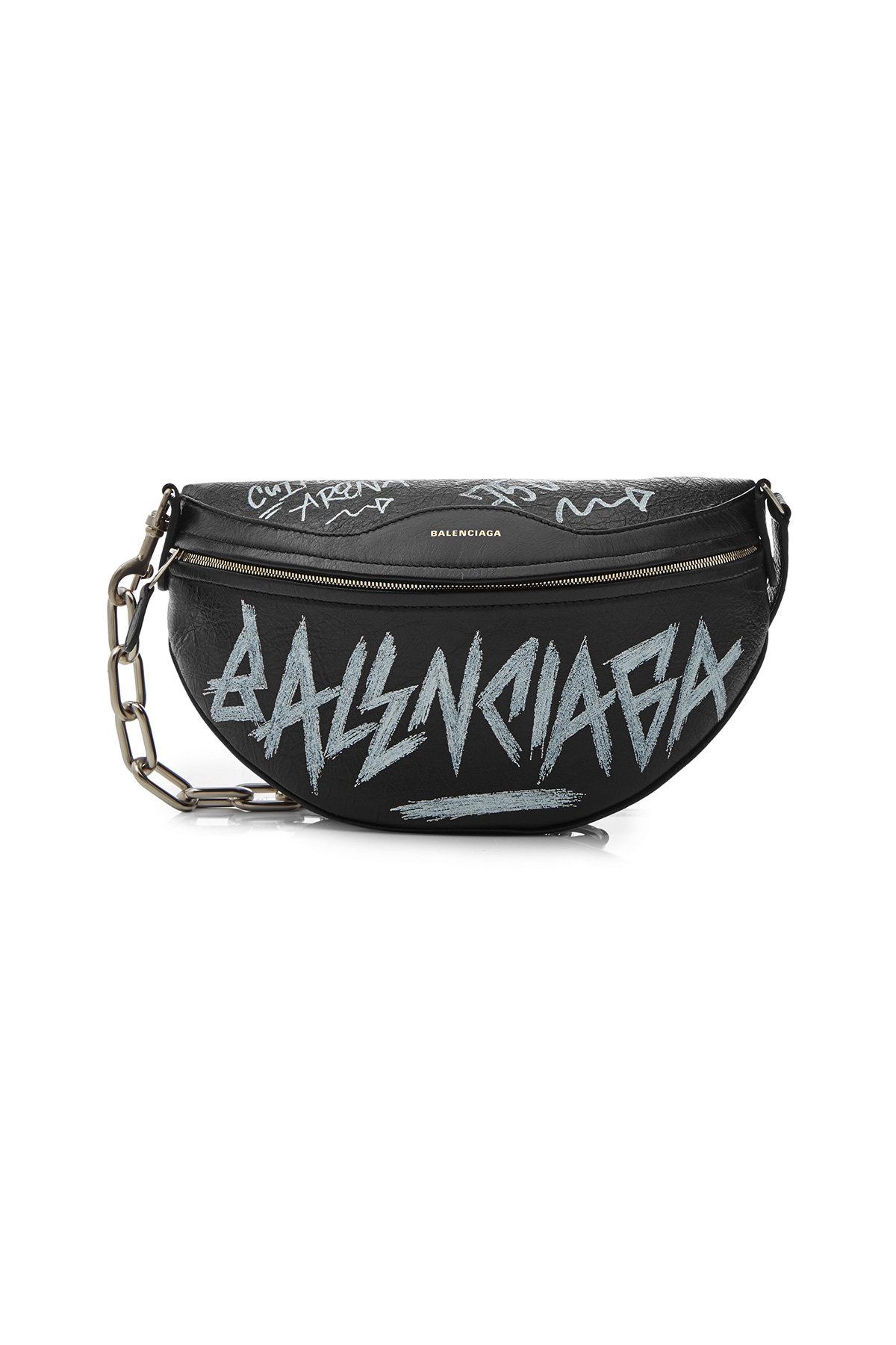 Balenciaga Black And White Souvenir Xs Graffiti Leather Belt Bag In Black White Modesens