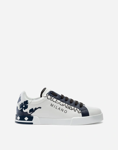 Shop Dolce & Gabbana Portofino Sneakers In Printed Patent Calfskin In White/blue