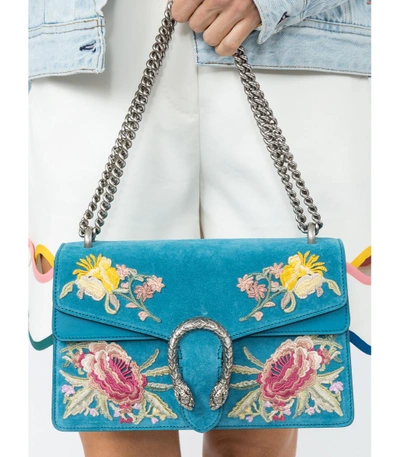Shop Gucci Small Dionysus Embroidered Suede Shoulder Bag In Blue