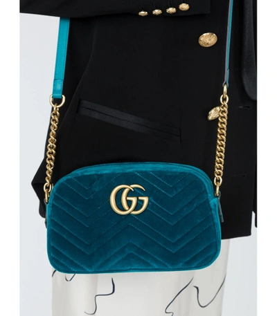 Shop Gucci Gg Marmont Small Velvet Camera Bag In Blue