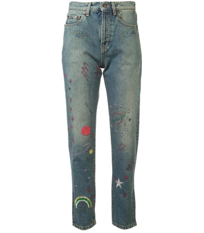 Shop Saint Laurent Embroidered High-rise Jeans In Blue