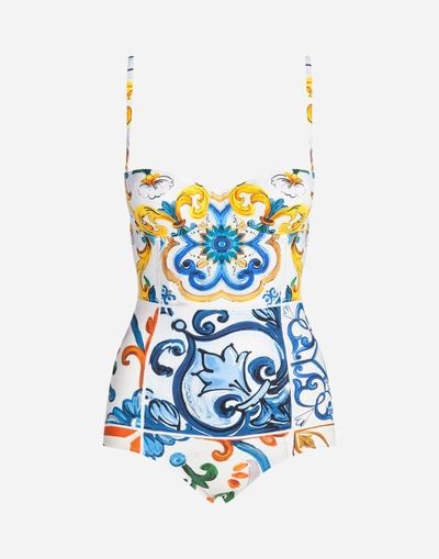 Shop Dolce & Gabbana Balconette One-piece Swimsuit In Majolica Print