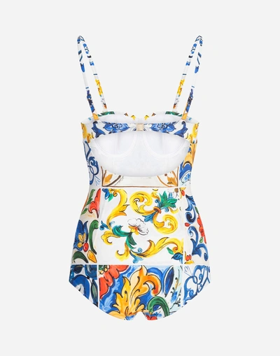 Shop Dolce & Gabbana Balconette One-piece Swimsuit In Majolica Print