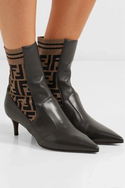 Shop Fendi Rockoko Logo-jacquard Stretch-knit And Leather Ankle Boots In Black