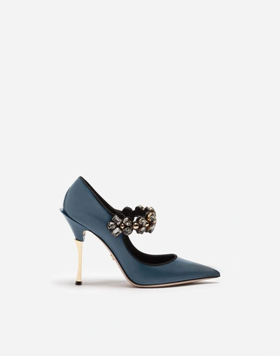 Shop Dolce & Gabbana Mary Janes In Varnish With Jewel Strap In Blue