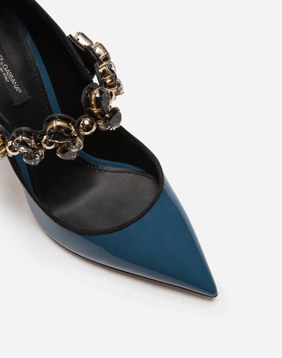 Shop Dolce & Gabbana Mary Janes In Varnish With Jewel Strap In Blue