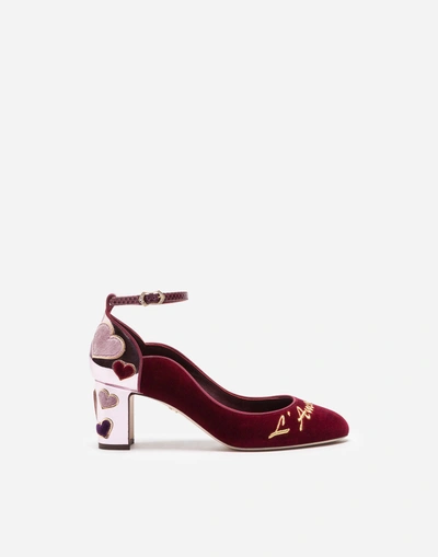 Shop Dolce & Gabbana Velvet Pumps With Strap And Embroidery In Bordeaux