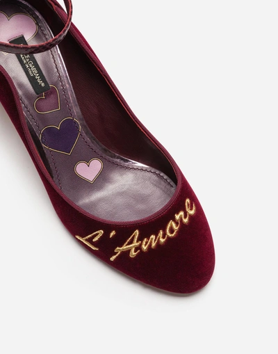 Shop Dolce & Gabbana Velvet Pumps With Strap And Embroidery In Bordeaux