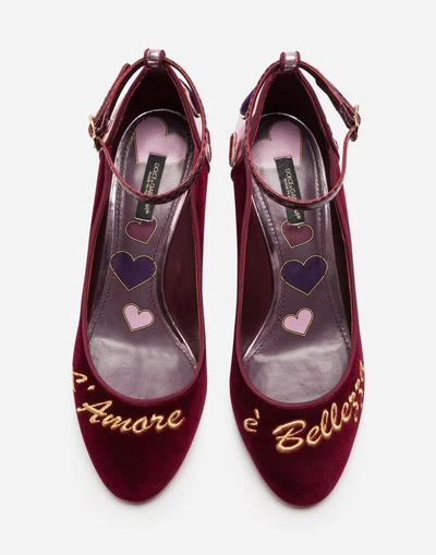 Shop Dolce & Gabbana Velvet Pumps With Strap And Embroidery In Bordeaux