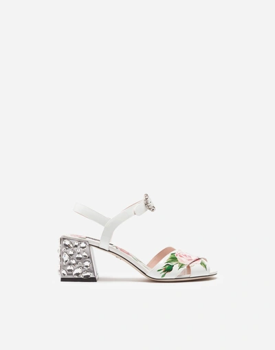 Shop Dolce & Gabbana Printed Patent Leather Sandals With Embroidered Heel In Cream