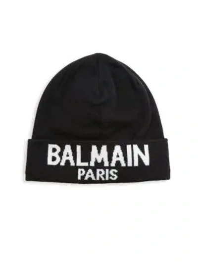 Shop Balmain Men's Linen Cashmere Logo Beanie In Black White