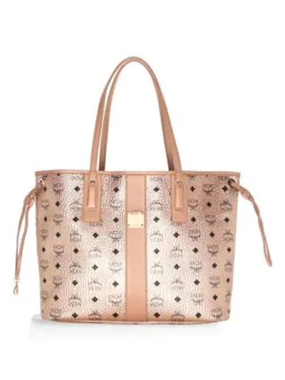 Shop Mcm Metallic Grained Logo Shoppers Bag In Champagne