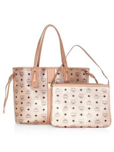 Shop Mcm Metallic Grained Logo Shoppers Bag In Champagne