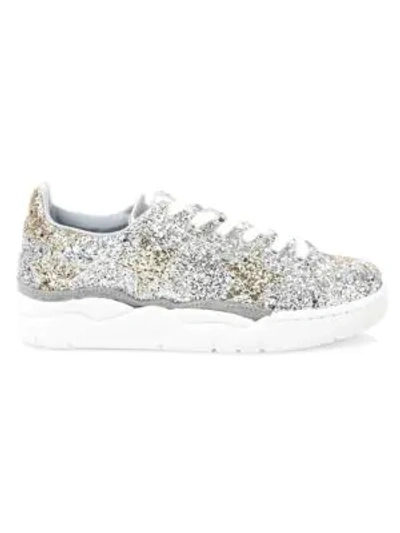 Shop Chiara Ferragni Glitter Leather Sneakers In Silver