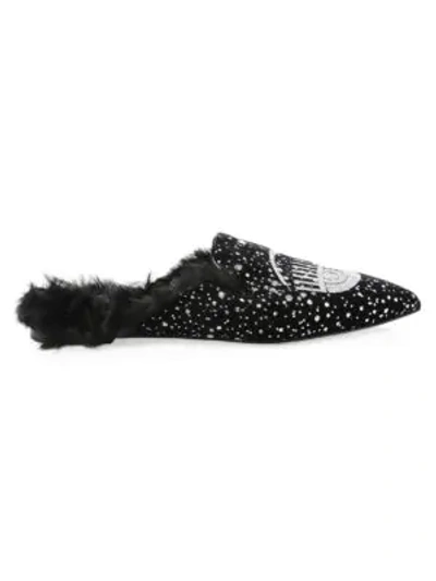 Shop Chiara Ferragni Embellished Velvet Point-toe Flat Mules In Black