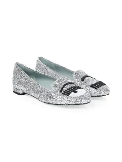 Shop Chiara Ferragni Glitter Leather Loafers In Silver