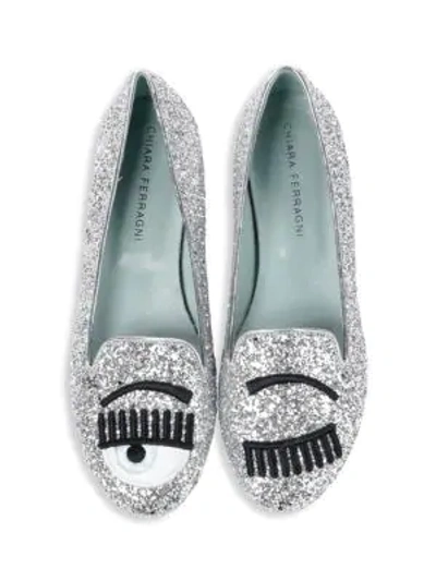 Shop Chiara Ferragni Glitter Leather Loafers In Silver