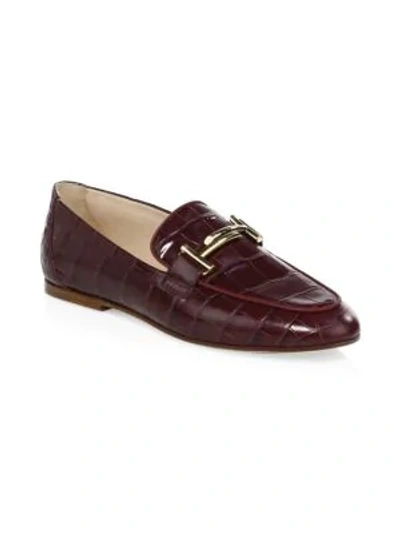 Shop Tod's Double T Croc-embossed Leather Loafers In Brown