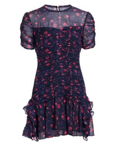 Shop Tanya Taylor Carti Pleated Floral Mini Dress In Navy Multi