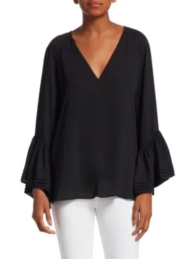 Shop Halston Heritage Stretch Silk Tiered Bell-sleeve Top In Black