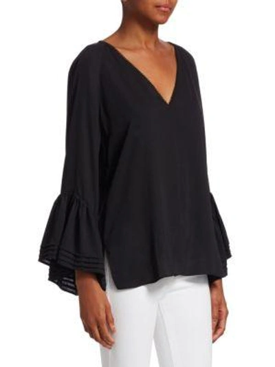 Shop Halston Heritage Stretch Silk Tiered Bell-sleeve Top In Black