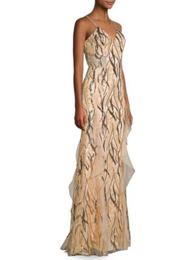 Shop Milly Sequined Vines Tulle Gown In Gold