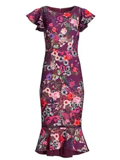 Shop David Meister Floral Flounce Sheath Dress In Magenta Multi