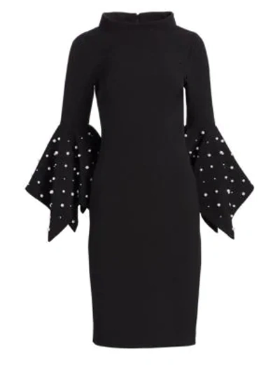 Shop Badgley Mischka Faux Pearl Bell-sleeve Sheath Dress In Black