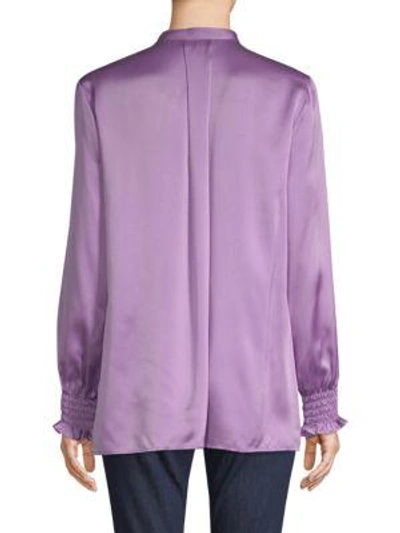 Shop Escada Sport Smocked Sleeve Silk Blouse In Purple
