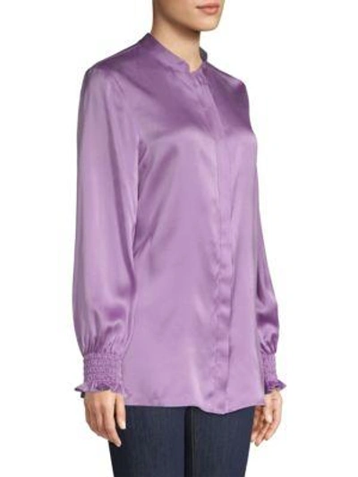 Shop Escada Sport Smocked Sleeve Silk Blouse In Purple