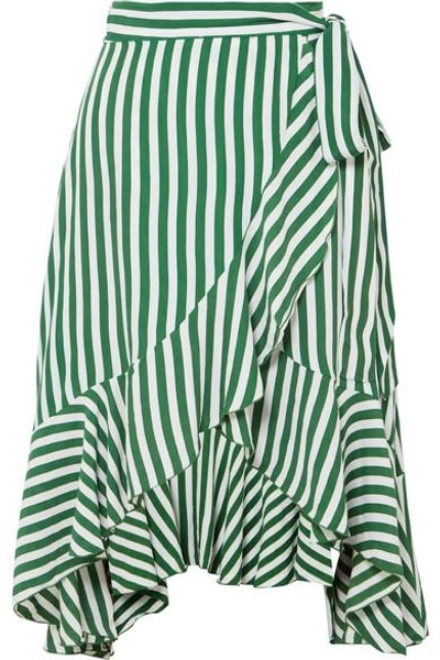 Shop Faithfull The Brand Tramonti Ruffled Striped Crepe De Chine Wrap Skirt In Green