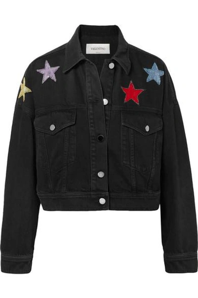 Shop Valentino Cropped Embellished Denim Jacket In Dark Denim