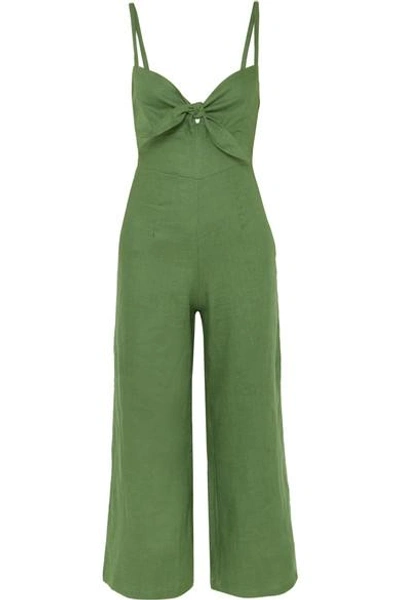 Shop Faithfull The Brand Presley Cropped Tie-front Linen Jumpsuit In Dark Green