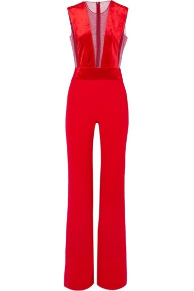 Shop Galvan Gwyneth Velvet And Tulle-paneled Crepe Jumpsuit In Red