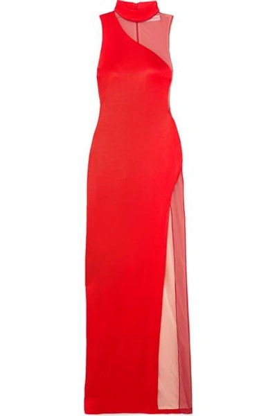 Shop Galvan Shadow Tulle-paneled Stretch-knit Gown In Red