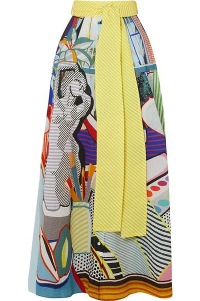 Shop Mary Katrantzou Camilla Belted Printed Seersucker Maxi Skirt In Light Blue