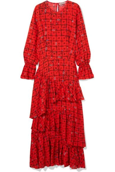 Shop Preen Line Amina Tiered Floral-print Crepe De Chine Maxi Dress In Red