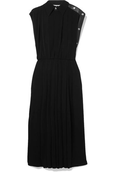 Shop Givenchy Leather-trimmed Pleated Jersey Midi Dress In Black