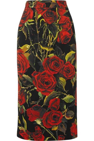 Shop Dolce & Gabbana Floral-print Stretch-silk Pencil Skirt In Black