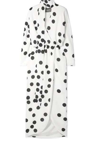 Shop Monique Lhuillier Wrap-effect Pussy-bow Polka-dot Chiffon Midi Dress In White