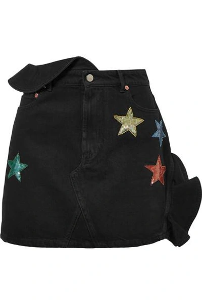 Shop Valentino Embellished Ruffled Denim Mini Skirt In Dark Denim