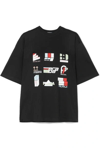 Shop Prada Printed Cotton-jersey T-shirt In Black