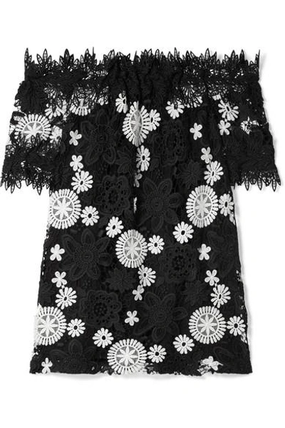 Shop Naeem Khan Off-the-shoulder Two-tone Guipure Lace Top In Black