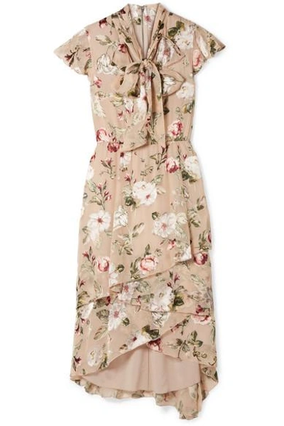 Shop Alice And Olivia Lavenia Asymmetric Tiered Devoré-chiffon Dress In Beige