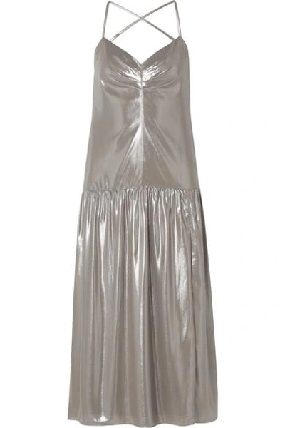 Shop Michelle Mason Backless Lamé Midi Dress In Silver